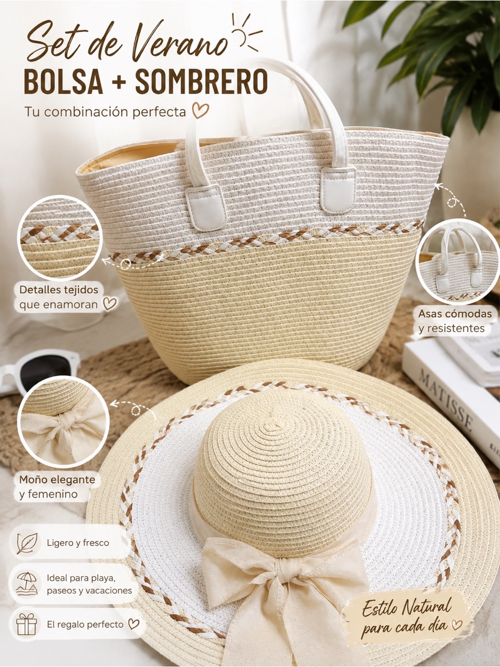 Women’s Straw Tote Bag and Sun Hat Set - Natural Cream